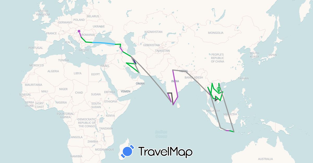 TravelMap itinerary: driving, bus, plane, train, boat, motorbike in Armenia, Bulgaria, Georgia, Hungary, Indonesia, India, Iran, Cambodia, Laos, Nepal, Serbia, Thailand, Vietnam (Asia, Europe)